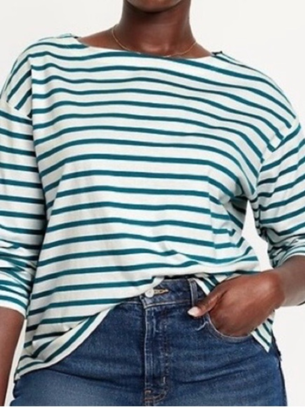 Striped Boatneck Long-Sleeve Top in Teal and White